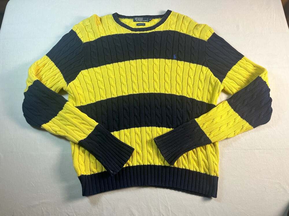 Polo Ralph Lauren Men's Cable Knit Crewneck Sweater Yellow and Navy Striped XXL